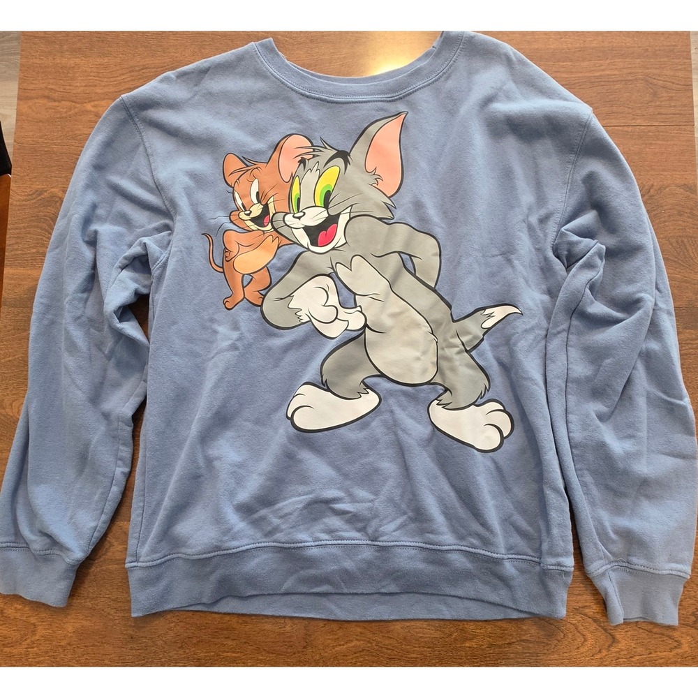 Tom and Jerry Graphic Sweatshirt Blue Crewneck Pullover Womens Large Cartoon